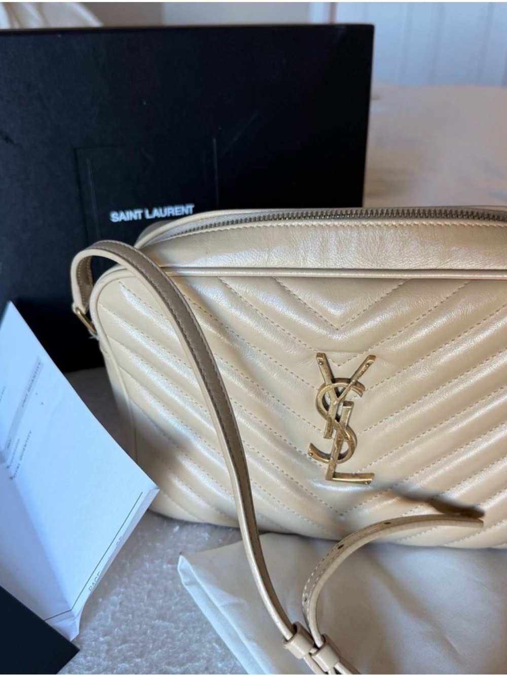 Saint Laurent Cream Quilted Lou Camera Bag with Gold YSL Hardware
